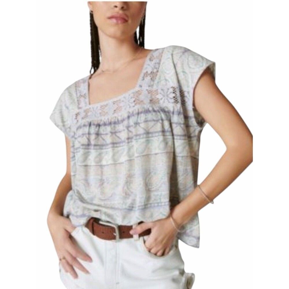NWT Lucky Brand Square Neck Printed Beach Tee size Small Blue Paisley Lace Boho